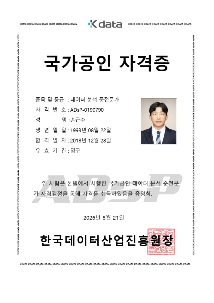 손근수 ADsP 국가공인 자격증. 자격번호 ADsP-0190790, 합격일자 2018년 12월 28일
